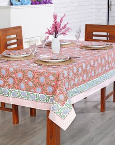 Wedding <b>Tablecloth</b> Salmon Pink Sage Green Delft Blue Indian Hand Block Printed <b>Tablecloth</b> Table Cover Linen Set - Product Image 3