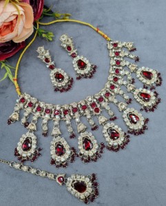 Pear Cut Crystal Stone Necklace Earrings And Mangtika <b>Set</b> Antique Gold PLated Ethnic Festive Wear Wholesale Fashion Jewelry <b>Sets</b> - Product Image 4