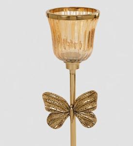 Gold Metal Butterfly <b>Candlestick</b> Holder with Ribbed <b>Glass</b> Cup for Home Decoration - Product Image 2