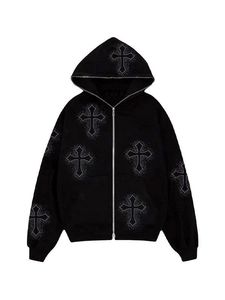 Sudadera con capucha de otoño con cremallera y cruz de diamantes de imitación, de alta calidad, estilo gótico, unisex, streetwear, con logotipo bordado personalizado, colores OEM/ODM - Product Image 6