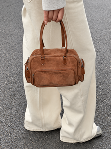 Brown Suede Casual Soft Stylish Vintage Fashion Trend Single <b>Strap</b> <b>Shoulder</b> Bag Zipper Tote Multi Pocket Carryall Daily Commute - Product Image 5