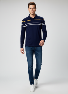 Polo rayé tendance pour homme à manches longues, coupe ajustée, col à revers, style décontracté, automne-printemps - Product Image 5