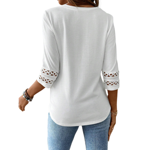 <b>Womens</b> Casual <b>Long</b> Sleeve Top Round Neck Loose Fit <b>Shirt</b> With Lace Sleeve Detail Elegant Everyday Fashion Clothing For <b>Women</b> - Product Image 2