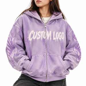 Sudadera con capucha y cremallera completa de forro polar 100% algodón, holgada, estilo streetwear, con mangas de ala unisex personalizadas con pedrería - Product Image 1