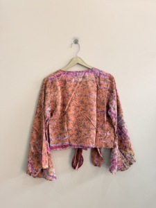 Blusa de seda al por mayor para mujer, 100% seda crepé, top retro de playa con efecto tie-dye y lazo frontal, top cruzado de seda. - Product Image 5