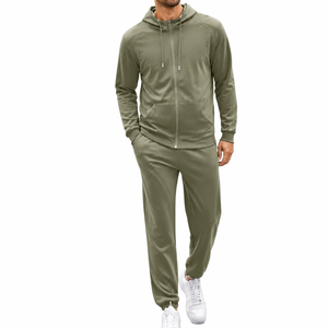 Men's Olive Green Hooded <b>Tracksuit</b> Full Zip Sweatshirt And Pants Set Casual Autumn Wear Breathable Polyester Solid Color Regular - Product Image 4