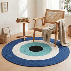 150 cm Modern <b>Round</b> Cotton Rope <b>Carpet</b> with Blue Concentric Circles for Family Room & Lounge - Product Image 1