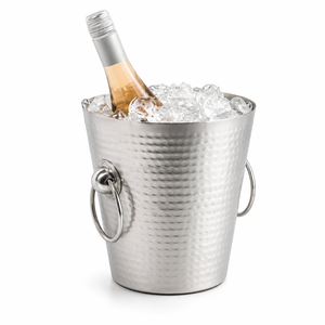 Cubo de hielo de acero inoxidable martillado con doble asa, enfriador de vino y champán plateado para bar, hotel y bebidas de fiesta - Product Image 1