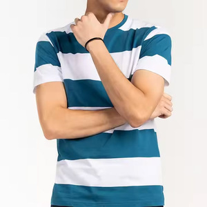Camiseta personalizada a rayas de verano, camiseta a rayas sublimada, camiseta deportiva con cuello redondo para hombre, camiseta de algodón con líneas azul marino y blancas. - Product Image 4