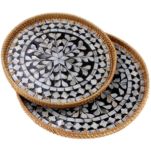 Bandeja Redonda Hecha a Mano con Incrustaciones de Madreperla y Diseño de Ratán, Multifuncional, para Servir Comida en la Mesa de Centro - Product Image 1