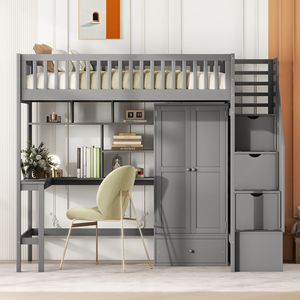 Letto a soppalco grigio matrimoniale con libreria, cassetti, scrivania e armadio - Set di mobili per bambini - Product Image 3