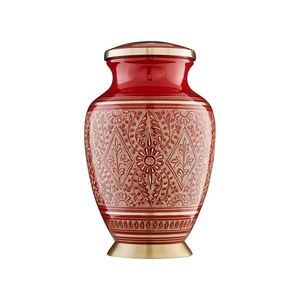 Royal Scarlet Urn Intricate Geometric Floral Design Metal <b>Memorial</b> <b>Keepsake</b> Vessel with Gold Accents and Fitted Lid - Product Image 4
