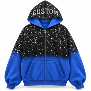 เสื้อฮู้ดดี้โอเวอร์ไซส์ผ้าฝ้ายแท้ 100% ประดับเพชร ซิปหน้า สีดำไล่ระดับขาว ดีไซน์เพชร เสื้อแจ็คเก็ตผู้ชายสำหรับฤดูหนาว - Product Image 5