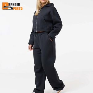 Custom Women's Loose Streetwear Zipper Hoodie & <b>Pants</b> <b>2</b>-<b>Piece</b> <b>Set</b> 100% Cotton Fleece <b>Plus</b> <b>Size</b> Eco-Friendly Breathable - Product Image 1