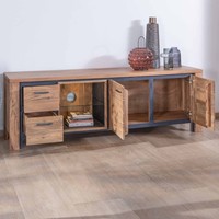 Meuble TV moderne Vandana Silver Sense 180 cm en acacia massif avec éclairage LED, niche et étagère en verre fantaisie pour salon et hôtel