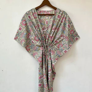 Nouveau Kaftan Indien Longue Évasée à Col en V Imprimé Animal avec Cordon de Serrage, Manches Courtes, Coupe Confortable, en Coton Doux, Dentelle d'Été pour Femme - Product Image 1