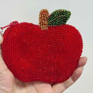 New model Beaded Apple Coin <b>Purse</b> Handmade Creative Fruit Pattern Apple Shape <b>Red</b> Beadwork Small Zipper Pouch with Leaf Design - Product Image 4