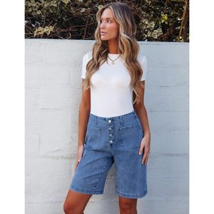 2025 femmes Skinny Jean taille haute Denim Shorts avec poches plaquées à la mode décontracté été bouton braguette extensible Bermuda Shorts - Product Image 1
