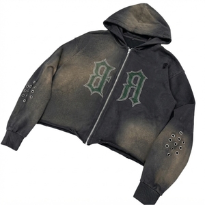 Oversized Crop Hooded Zip-Up Sweatshirt Unisex Streetwear <b>Rhinestone</b> Letter Design Color Blocking 100% Cotton Knitted <b>Fabric</b> - Product Image 1