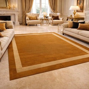 Alfombra Moderna con Borde Dorado Color Mostaza, Alfombra Geométrica de Lana Hecha a Mano, Alfombra Contemporánea de Lujo para Sala de Estar o Dormitorio - Product Image 4
