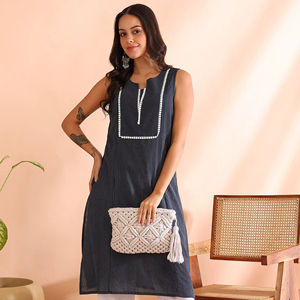 Kurti court en coton cambre d'été, style Kantha, sans manches, col en V, coupe classique, élégant, ethnique, pour femme, décontracté, séchage rapide, protection solaire - Product Image 1