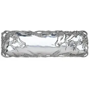 Plateau décoratif rond moderne en aluminium argenté avec têtes de cheval gravées et motif de blé, motif de corde verticale - Product Image 5