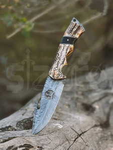Couteau de chasse OEM en acier Damas Wirecut, couteau à dépecer et à éviscérer à lame fixe, couteau de camping et d'extérieur EDC avec étui en cuir - Product Image 3