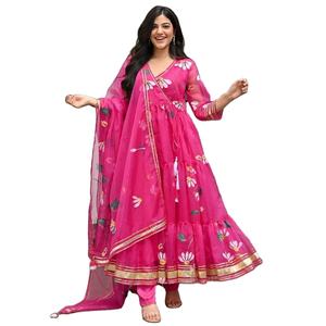El último diseñador Heavy Georgette Organza Pink Fancy Anarkali Vestido Ropa india y pakistaní - Product Image 1