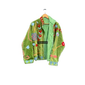 Unisex Green Velvet Suzani Fabric Jacket with Flowers Embroidery Cotton Winter <b>Coat</b> Lining Women's Party Wear - Product Image 1