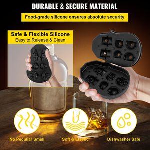 Stampo per cubetti di ghiaccio a forma di teschio, 6 scomparti, in silicone nero flessibile, per palline di ghiaccio, utilizzabile nel congelatore, con imbuto e 3 utensili per gelato - Product Image 2