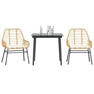 3 pezzi Set da pranzo in Poly Rattan marrone con cuscini tavolo da giardino e sedie con piano in vetro mobili da esterno - Product Image 1