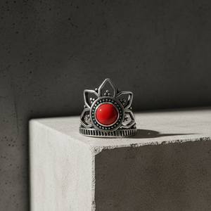 Crimson Glow Manmade Carnelian Lotus Crown <b>Ring</b> Handmade Gold/Silver Plated Bohemian Style Unisex Jewelry - Product Image 5