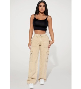 Jean cargo taille haute crème pour femme, coupe large, en denim de qualité, confortable et tendance, le plus vendu - Product Image 5