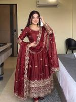 TENNECY Nouvelle Robe en Soie Prête à Porter pour Femme - Ensemble Sharara et Dupatta avec Broderie Lourde et Sequins, Longueur Cheville/Longueur Ras du Sol