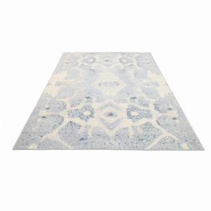 Tapis de zone personnalisé en laine tuftée à la main, écologique, antidérapant, à poils épais, bleu poudré ivoire, motif médaillon vieilli, pour hôtels, villas et salons - Product Image 2