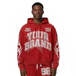 Ensemble de sweats à capuche surdimensionnés en coton 100% avec logo personnalisé brodé, couleur rouge, coupe évasée, unisexe, vente en gros - Product Image 4