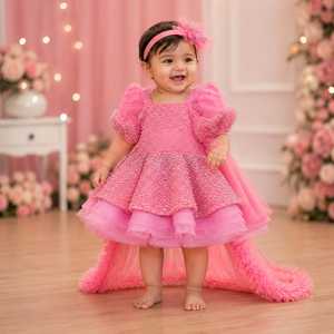 Robe de princesse rose pour femme adulte, corsage perlé, jupe en tulle superposée, manches bouffantes, nœud papillon surdimensionné, longue traîne, pour anniversaire - Product Image 5