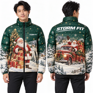 Custom Men's multi colored Christmas <b>Santa</b> Sublimation Puffer Jacket Winter Windproof Zipper <b>Stand</b> Collar Casual Coat - Product Image 3