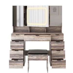 Large Makeup Vanity <b>Table</b> Set with 3 Opening LED-Lit <b>Mirrors</b> Full Storage Behind <b>Mirror</b> D-Style Design - Product Image 6