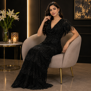 Luxury Black Beaded Evening Gown for Women Deep V Neck Fringe Sleeve <b>Sequin</b> Maxi Dress Elegant Formal Party Wedding Reception - Product Image 4
