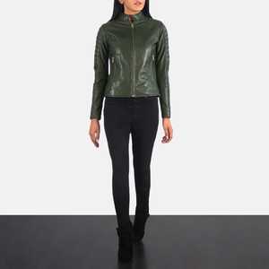 Blouson en cuir vert pour femme avec fermeture éclair, design respirant, entièrement personnalisable et de la plus haute qualité - Product Image 1