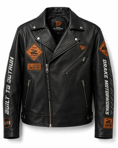 Blouson de moto en cuir noir pour homme Drake Motorworks, style moto, fermeture éclair sur le devant, coupe régulière, coupe-vent, pour l'automne - Product Image 1