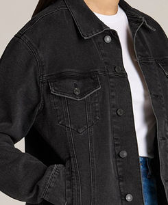 แจ็คเก็ตยีนส์เดนิมหนาคุณภาพพรีเมียมสำหรับฤดูใบไม้ร่วง/ฤดูหนาว  คอจีน ระบายอากาศได้ดี สไตล์วินเทจ สีเข้ม สำหรับผู้หญิง - Product Image 5