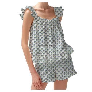 Fabric Women's Cotton Block Print Shorts Pajamas Loungewear Spring/Summer Floral Fitted Strappy Ruffle <b>Trim</b> Sleeves PJ Set - Product Image 3