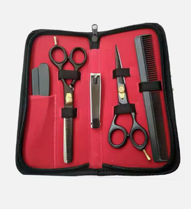 Kit de ciseaux à effiler de qualité supérieure couleur argent 6 pièces, magnifiques kits de barbier avec étui en cuir à fermeture éclair - Product Image 1