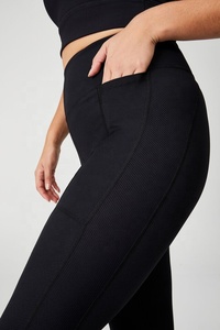 Plus Size Mid Ribbed Yoga <b>Leggings</b> Solid Black Calf Length Seamed Pocketed <b>Women</b> Pants Custom Made Lightweight Quick Dry - Product Image 4