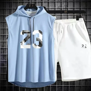 Nouvel ensemble sportif deux pièces été pour homme et femme : T-shirt sans manches à capuche + short de sport, idéal pour la gym et le style décontracté - Product Image 1
