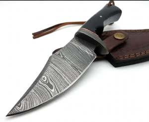 Cuchillo de Camping de Hoja Fija de Acero de Damasco Forjado a Mano con Punta Caída, Mango de Micarta Negra y Funda de Cuero - DIY OEM - Product Image 2