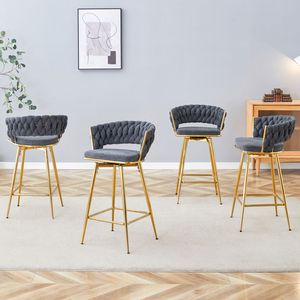 Set di Quattro Sgabelli da Bar Girevoli con Seduta Morbida in Cotone e Lino Nero, Gambe in Metallo Dorato Antiruggine e Resistenti all'Usura - Product Image 1