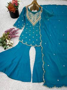 Conjunto de Kurta y Palazzo de Seda Bordada para Mujer con Dupatta |   Traje Étnico Premium para Fiestas - Product Image 4